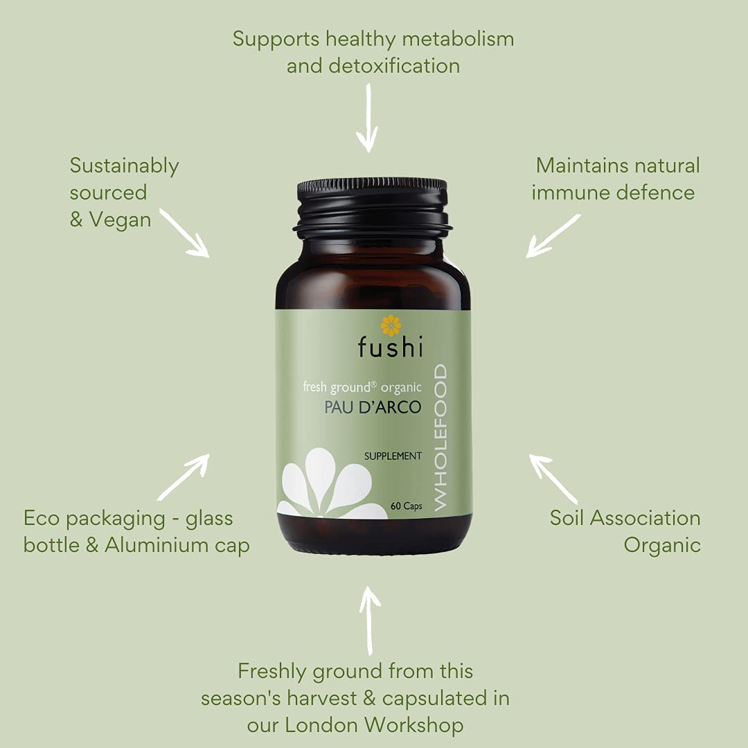 Fushi Organic Pau d’Arco (Handroanthus impetiginosus) Capsules, 60 Caps | Fresh-Ground Whole Food | Rich in Selenium, Iron, Calcium, Sodium & Vitamins | Vegan & Ethical | Made in the UK