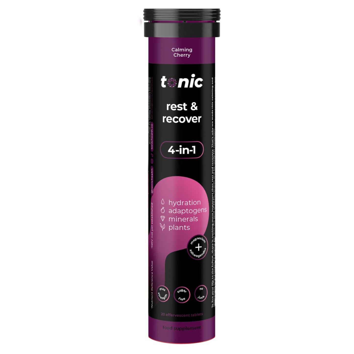 Tonic Health Rest and Recovery Magnesium Effervescent Tablets - 300mg Elemental Magnesium, Ashwagandha, Lemon Balm - No Sugar, Vegan Multivitamin - Relax and Recharge, Calming Cherry 60 Count