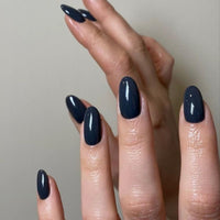 KQueenest Acrylic Press on Nails Short Oval, Deep Blue False Nails Short Almond, Glossy Solid Color Round Fake Nails Set, Reusable Natural Gel Stick on Nail for Women Finger Daily Wear 24 Pcs