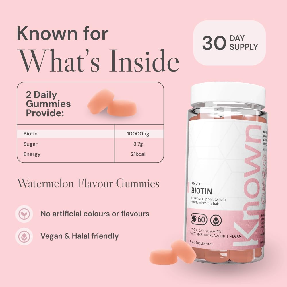 Known High-Strength Biotin Gummies - 10,000µg Biotin - Supports Healthy Hair & Skin - Natural Watermelon Flavour - 60 Vegan Gummies, 1 Month Supply