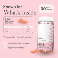 Known High-Strength Biotin Gummies - 10,000µg Biotin - Supports Healthy Hair & Skin - Natural Watermelon Flavour - 60 Vegan Gummies, 1 Month Supply