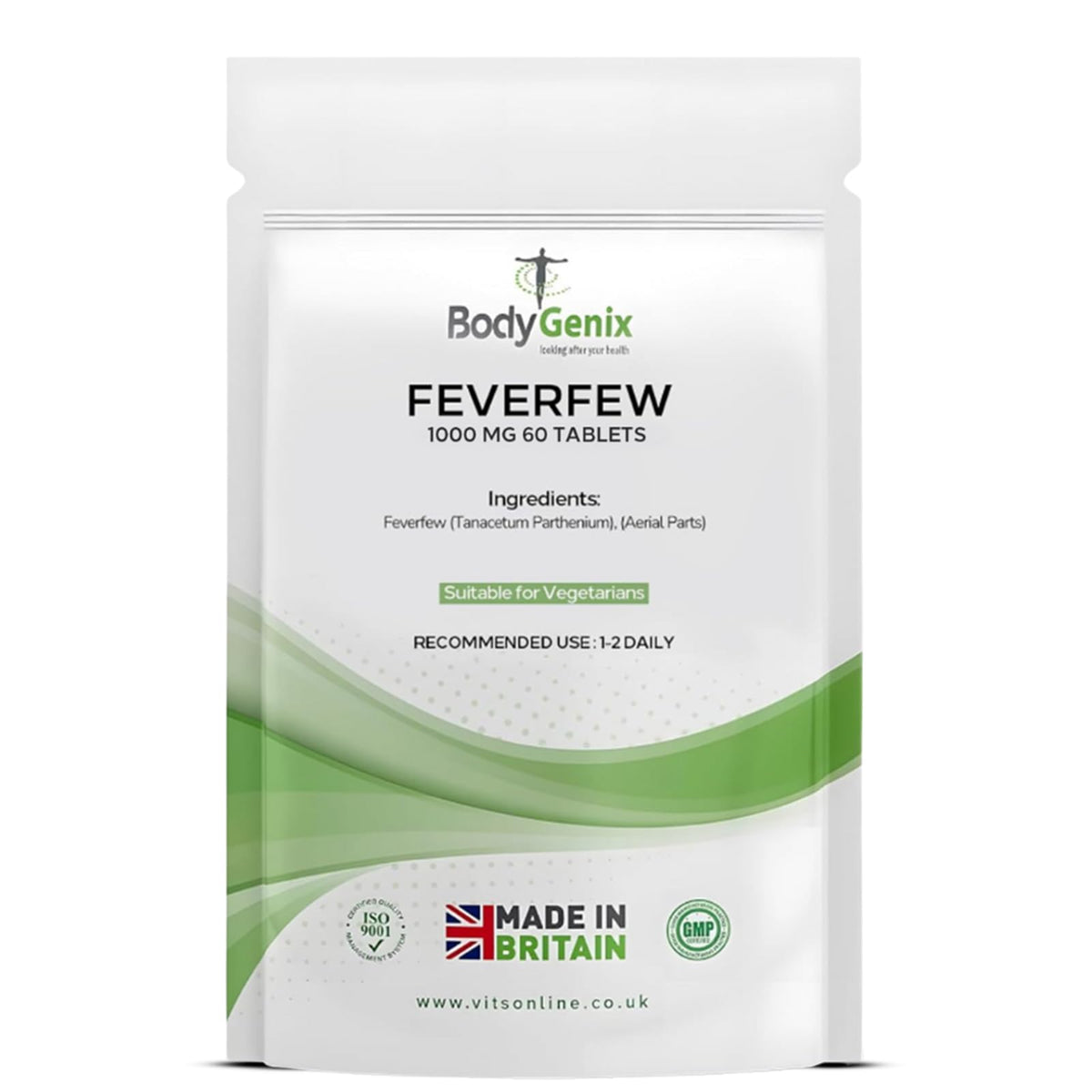 Bodygenix Feverfew 1000mg Tablets - Headaches Relief Joints Health Anti Inflammatory Natural Supplement - 60 Tablets 2 Month Supply