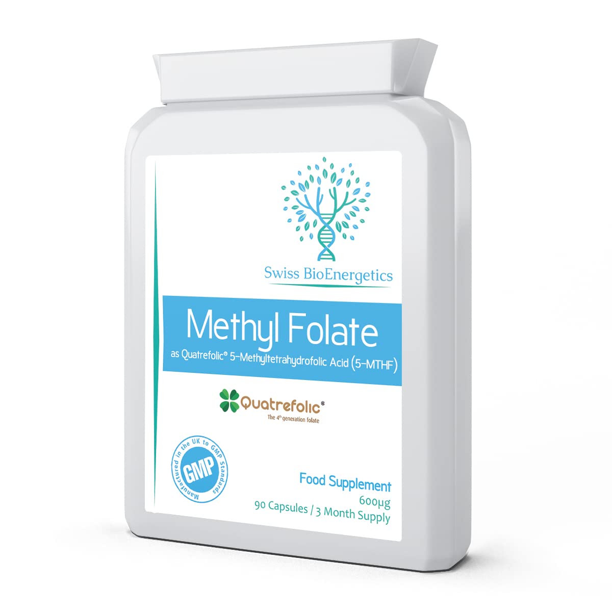 Methyl Folate 600µg - 90 Capsules as Quatrefolic 5-MTHF Supplement 6S-5-methyltetrahydrofolate – The 4th Generation of Folate a Highly biologically Active Form of Folic Acid/Vitamin B9 - UK Made
