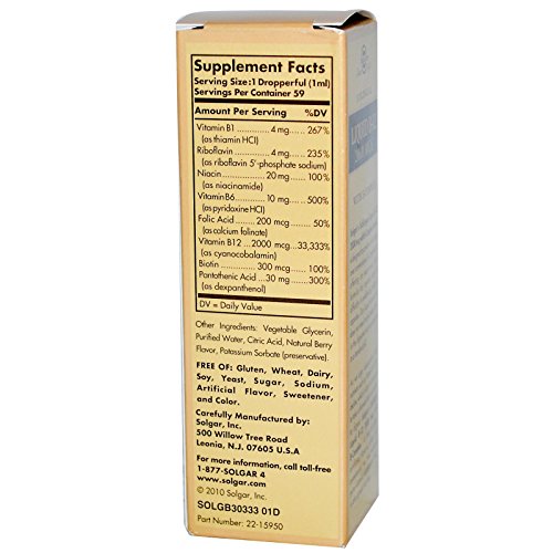 Solgar Sublingual Liquid B-12 2000 mcg with B-Complex - 2 fl oz - Supports Production of Energy, Red Blood Cells, Healthy Nervous System & Heart Health - Vegan, Gluten Free - 59 Total Servings