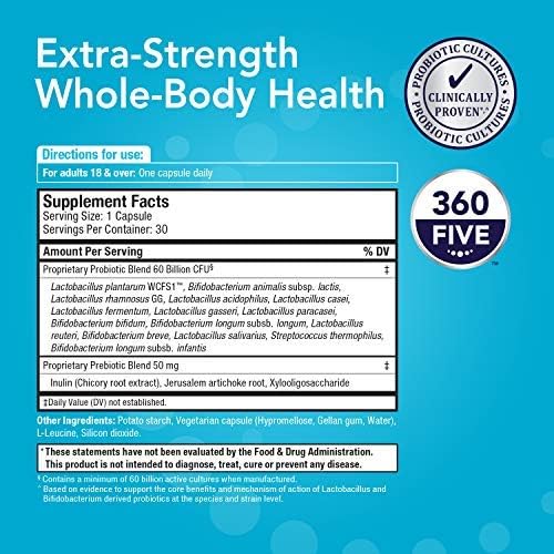 Bio360 Probiotic Daily Extra Formula, Vegan Prebiotics and Probiotics for Women & Men 60 Billion CFU 15 Strain, May Support Occasional Constipation, Diarrhea, Gas & Bloating, 30 Supplements