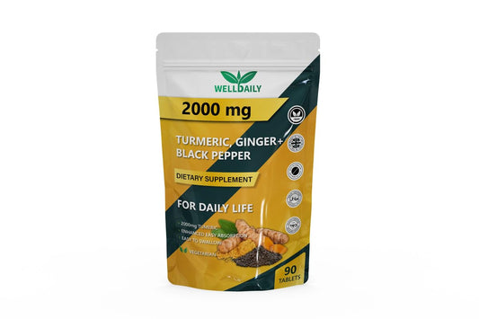 Well Daily Turmeric Curcumin 2000mg Ginger & Black Pepper Extract High-Strength Anti-Inflammatory & Joint Support Supplement, UK Made Easy to Swallow Halal Kosher Vegan Approved 90 Tablets