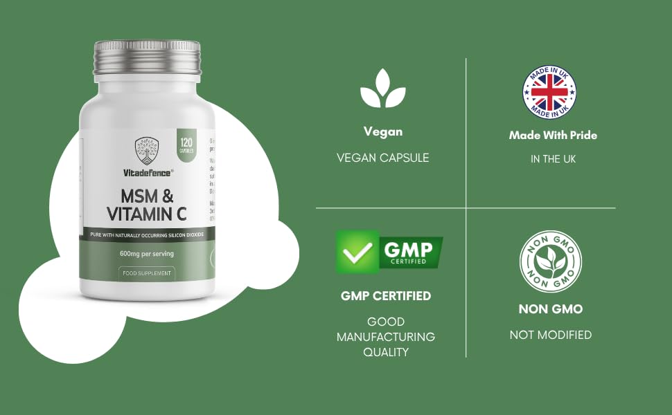 MSM & Vitamin C 600mg – Joint Support & Collagen Booster – 120 Vegan Capsules – UK Made – Vitadefence