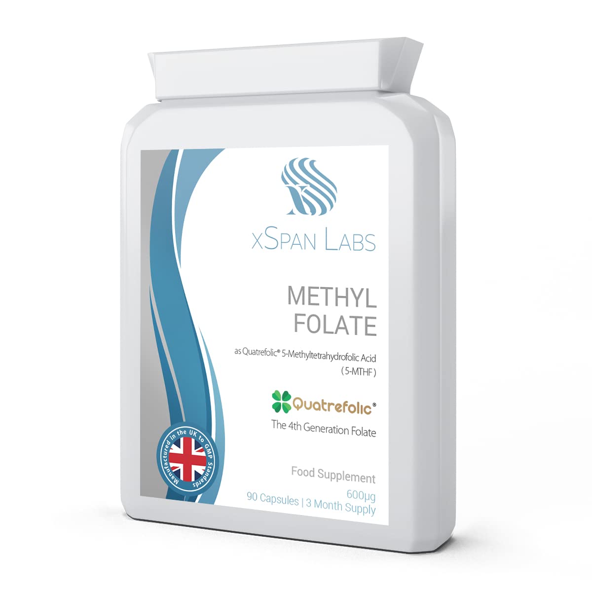 Xspan Labs Methyl Folate 600µg - 90 Capsules as Quatrefolic 5-MTHF Supplement 6S-5-methyltetrahydrofolate – The 4th Generation of Folate a Highly bioactive Form of Folic Acid/Vitamin B9 – Made in The UK
