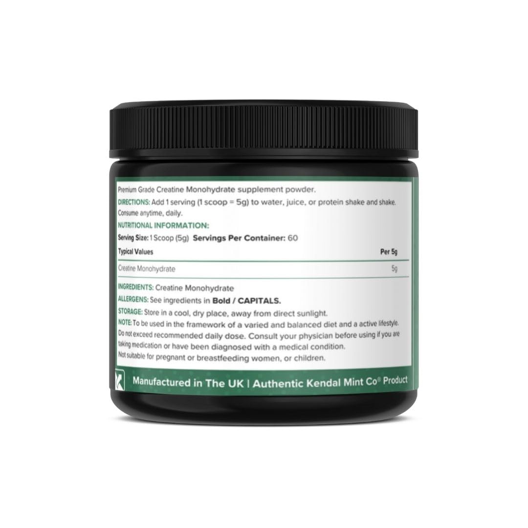 Kendal Mint Co. KMC Creatine Monohydrate Powder, 100% Pure UK Made, 300g, 60 Servings, 5g serving, Unflavoured, Easy Mix, Vegan Gluten Free -Supplement for performance, strength workouts & cognition by Kendal Mint Co