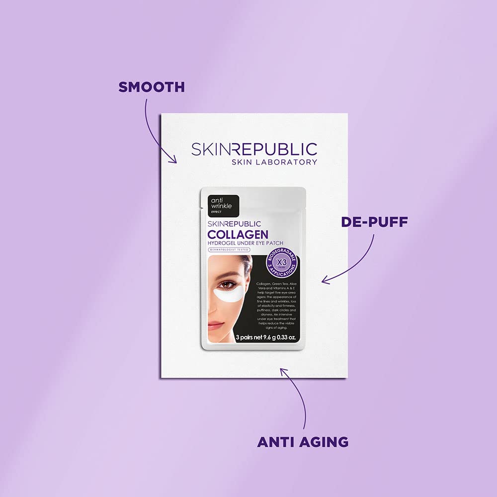 Skin Republic Collagen Eye Patches, For Younger Looking Eyes, Helps with Fine Lines and Wrinkles, Reduces Dark Cirlces, Pack of 3