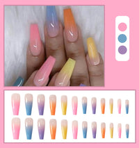 Albiuev 24PCS Long Coffin False Nails with Glue Stickers,Ballerina Coffin Full Cover Acrylic Press on Nails no Glue,Rainbow Gradient French Fake Stick on or Women and Girls Art