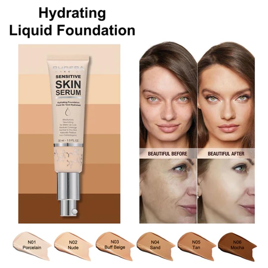 Phoera PHOERA Hydrating Serum Foundation, Hyaluronic Acid, Allantoin, Vitamin E, Tea Tree Oil Ideal For Dry And Sensitive Skin 12HR Skin Hydration, Medium Coverage, (SAND, 30ml)