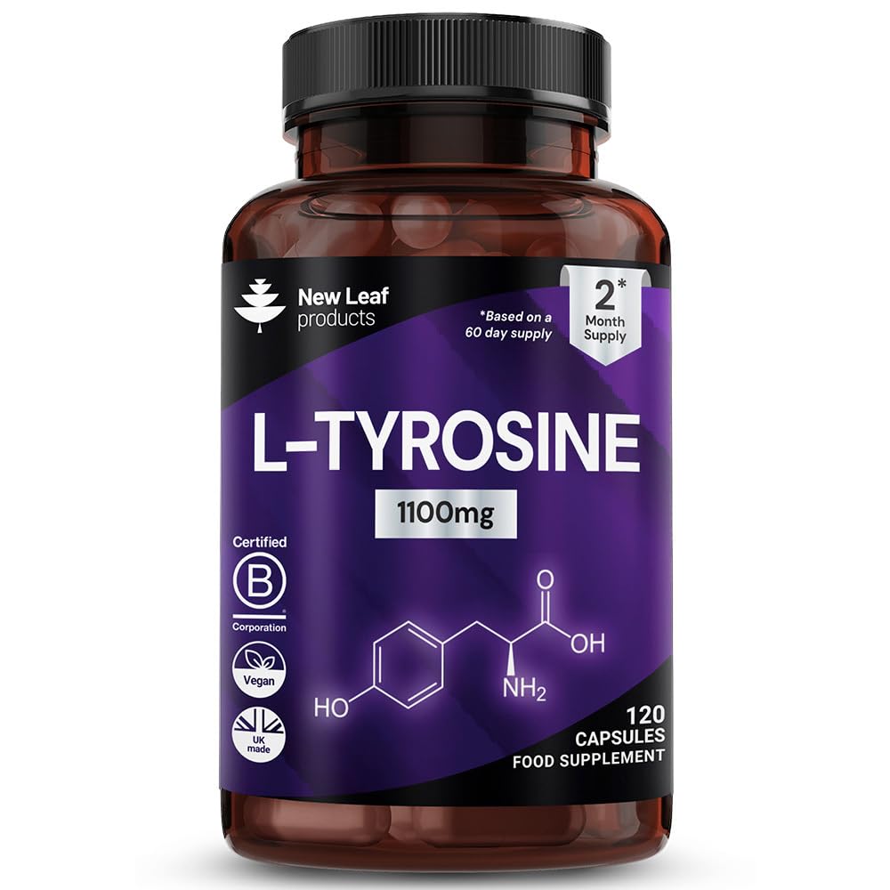 NEW LEAF PRODUCTS L-Tyrosine Supplement 1100mg - Free Form Amino Acid - 120 Vegan Capsules - Fermented High Strength L Tyrosine Supplement - No Artificial Preservatives