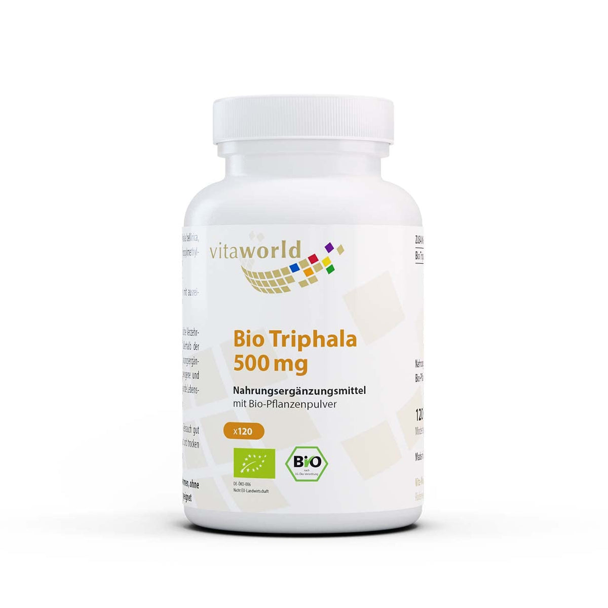 Vita World Organic Triphala 500 mg 120 Capsules, Herbal Blend Tripod, Amalaki, Bibhitaki and Haritaki Vegan Made in Germany - with Analysis Certificate