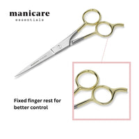 Manicare Hairdressing Scissors, Professional Japanese Stainless Steel, Barber Hair Scissor, Cutting Shears, For At Home Or Salon, Gold Plated Handles With Finger Rest, Use For Trimming Wet Or Dry Hair