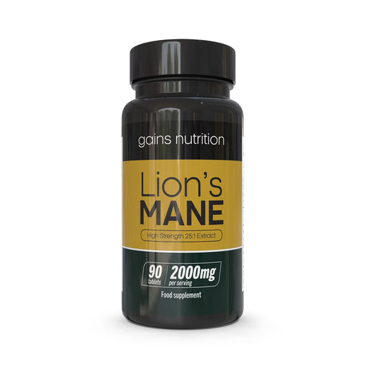 Gains Nutrition GN Lions Mane | 90 High Strength Lions Mane Supplement Tablets with Black Pepper - 2000mg Lion's Mane per Serving | Lions Mane Mushroom Supplement | Non-GMO, Gluten & Allergen Free | Made in The UK