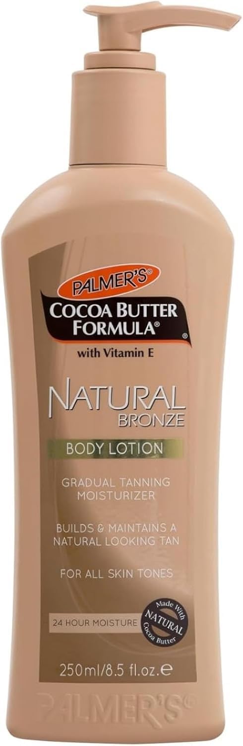 Cocoa Butter Body Lotion Natural Bronze Vitamin E - Gradual Tanning 24-Hour Moisturizer Maintains Tan Deep Hydration Skincare for All Skin Tones Dry Stretch Marks 250-ml