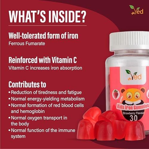 VED Iron Gummies Kids,15 Day Supply, Natural Strawberry Flavour, 30 Chewable Vegan Gummies, Vegetarian Friendly, Energy & Immune System, Kids Iron Gummies, GMO & Gluten Free.