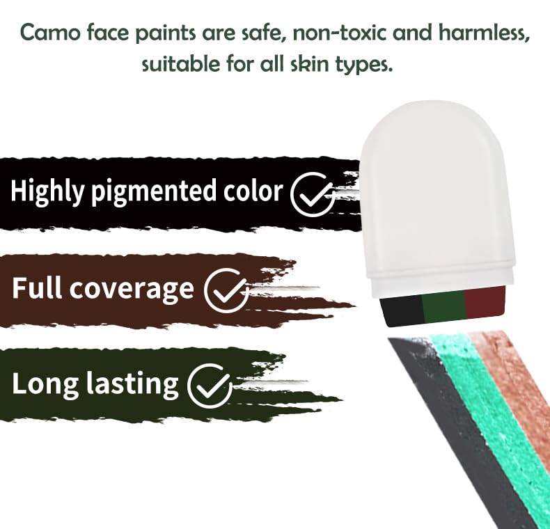 NoraGlaze 2 PCS 3 Color Camo Face Paint Stick - Waterproof Sweat-Resistant Hunting Face Paint for Halloween Camping & Theme Parties Black Green Coffee Makeup Crayon Twist-Up Design Easy to Apply