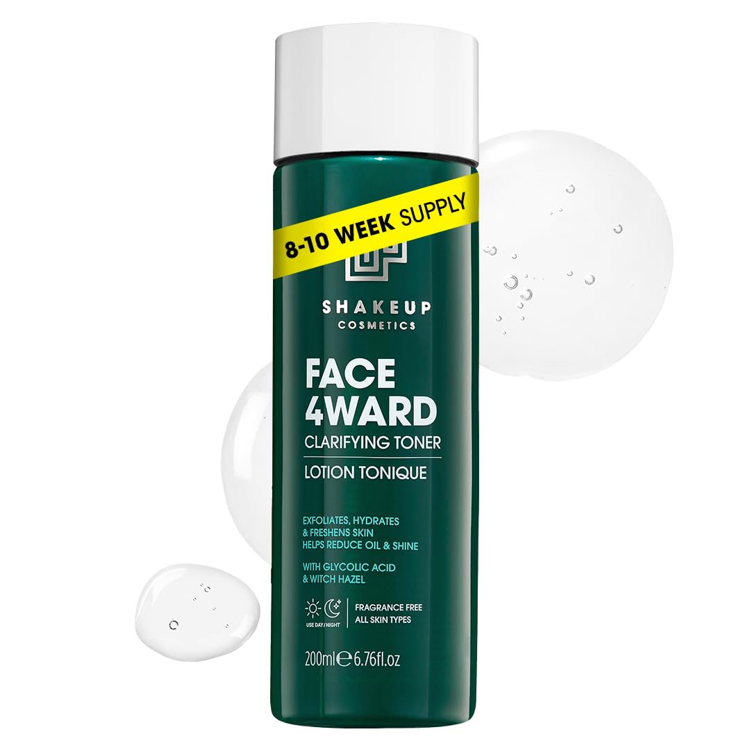 Shakeup Cosmetics Mens Face Toner - Glycolic Acid Exfoliating Toner for Men with Witch Hazel - Clarifying Skin Toner Reduces Pores, Oil and Ingrown Hairs, Fragrance Free, 200ml (Face 4ward)