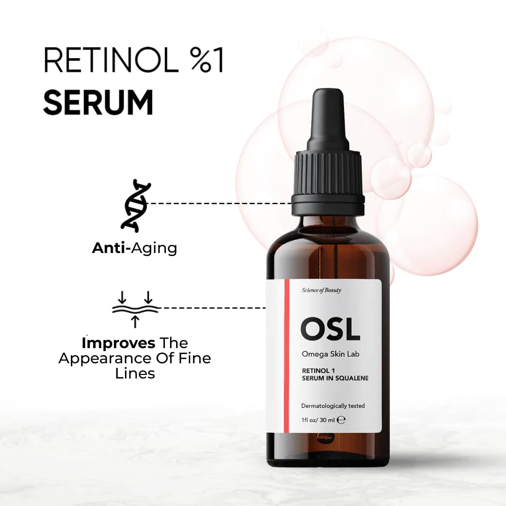 OSL Omega Skin Lab Retinol 1 In Squalene Serum 30ML - Friendly Anti-Aging Retinol Serum for Face & Hyaluronic Acid Serum - Infused with Vitamin E and 1% Retinoid Serum