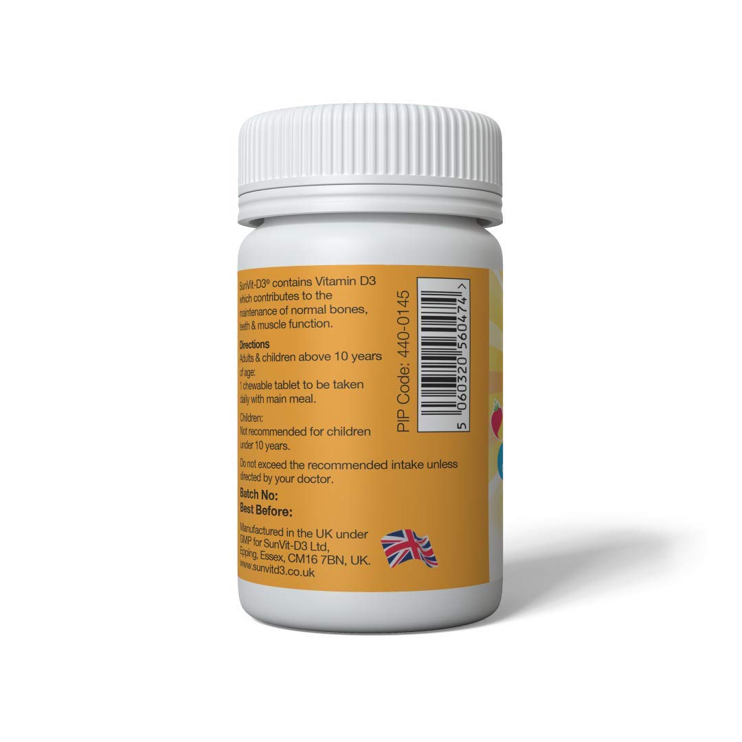 SunVit-D3 Vitamin D3 400IU with Added 600mg Calcium Tutti Frutti Tablets - Calcium and Vitamin D Tablets Support The Maintenance of Bone, Teeth, Muscle & Immune System - 60 Chewable Calcium Tablets