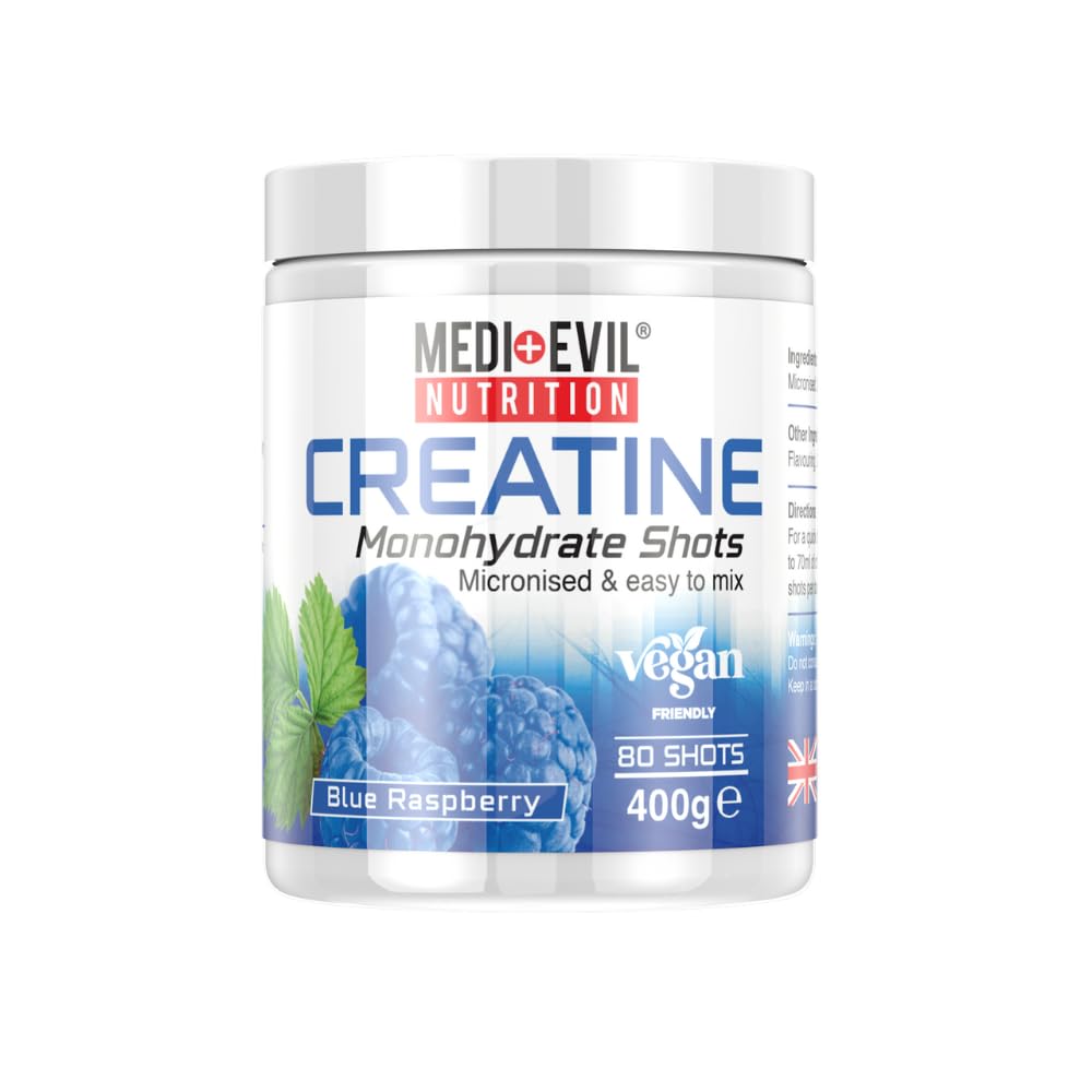 Medi-Evil Nutrition Creatine Monohydrate Powder 400g, Blue Raspberry Flavour, Micronised for Easy Mixing, Improve Strength and Physical Performance