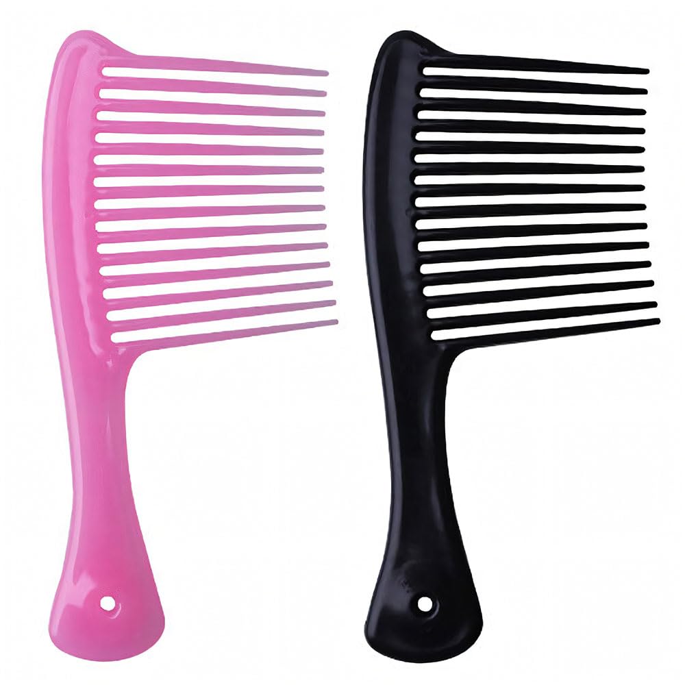 Deyixinup 2 PCS Jumbo Rake Comb Long Wide Tooth Rake Handle Hair Comb Plastic Afro Shower Comb for Long Curly Thick Wet Dry Hair Styles Girls Women Men Barber Salon