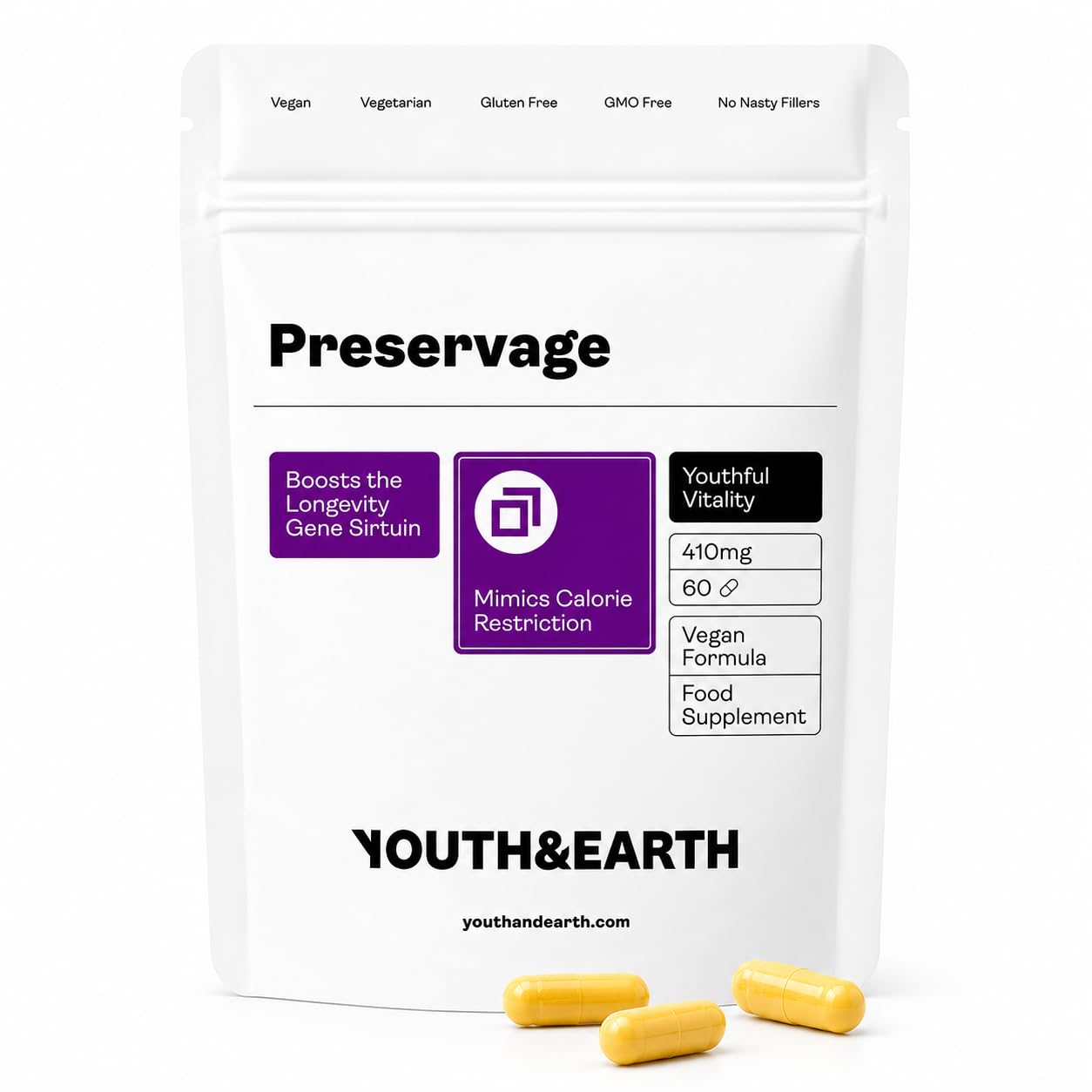Youth & Earth Preservage Resveratrol Supplement with Curcumin, Trans-Resveratrol, Quercetin, & BioPerine 410mg - for Sirtuin Activation - Mimics Calorie Restriction - 60 Capsules