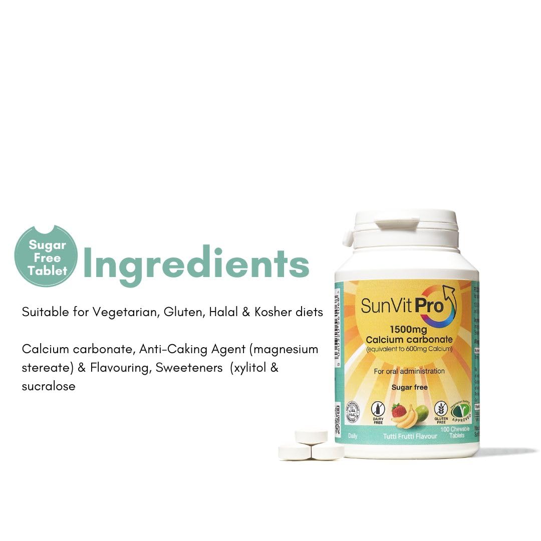 SunVit-Pro Calcium Only 600mg 100 Sugar Free, Daily Tutti Frutti Chewable Tablets