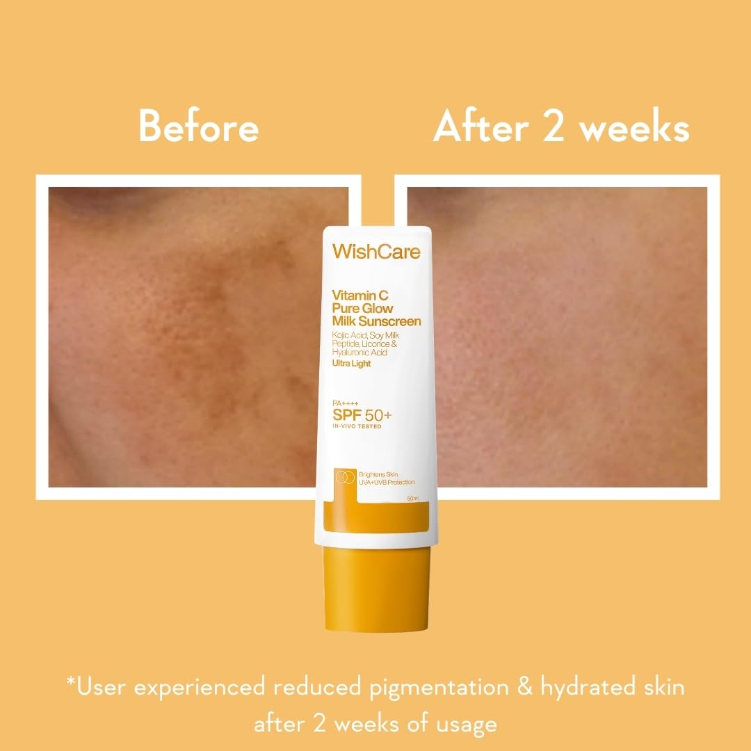 WishCare Vitamin C Pure Glow Milk Sunscreen SPF 50 PA++++ for Glowing Skin - Broad Spectrum Light Weight Sunscreen SPF 50 for Dry Skin & Oily Skin 50g