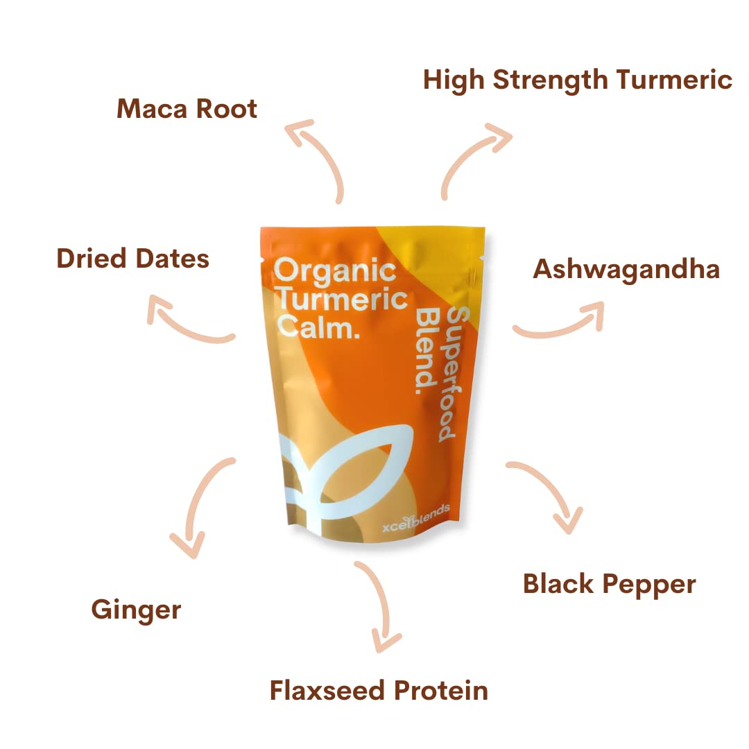Healthxcel High Strength Turmeric Powder Organic, Black Pepper, Ginger, Flaxseed Protein, Ashwagandha, Maca Root, Date Powder Turmeric Supplement 150g - Immune Support, Inflammation Relief & De-Stress