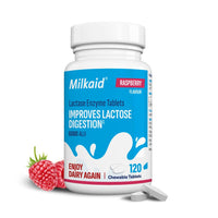 Milkaid Lactase Enzyme Chewable Tablets for Lactose Intolerance Relief, Prevents Gas, Bloating & Diarrhoea, Gluten Free & Vegan, Rasberry, 120 Count