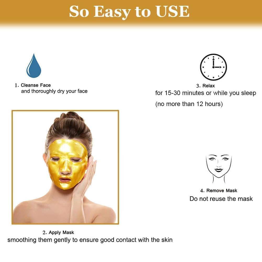 HOKIAMCN 5x New Crystal 24K Gold Powder Gel Collagen Face Mask Masks Sheet Patch,Anti Ageing Aging,Skincare,Anti Wrinkle,Moisturising,Moisture,Hydrating,Uplifting,Whitening,Remove Blemishes & Blackheads