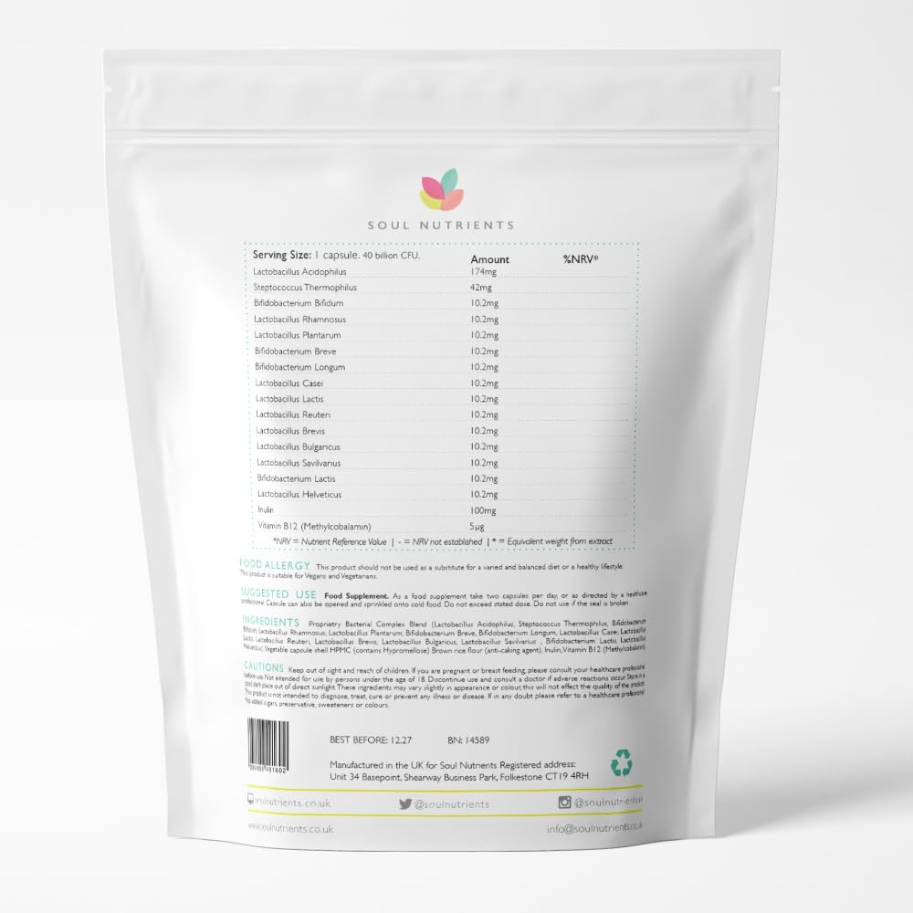 Soul Nutrients Bio Culture Probiotics Complex - 40 Billion CFU 15 Active Bacteria Strain-30 Capsules- Best Probiotic Supplement- Gut Health- Leaky Gut- Amazing Gut Health- Adult Stocking Filler