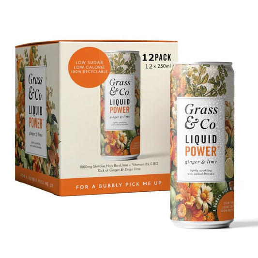 Grass & Co. Grass & Co | POWER Shiitake Mushroom | Enhances Energy Levels & Well-being | Shiitake Extract, Holy Basil, Iron, Vitamins B9 & B12 (12 x 250ml, POWER)