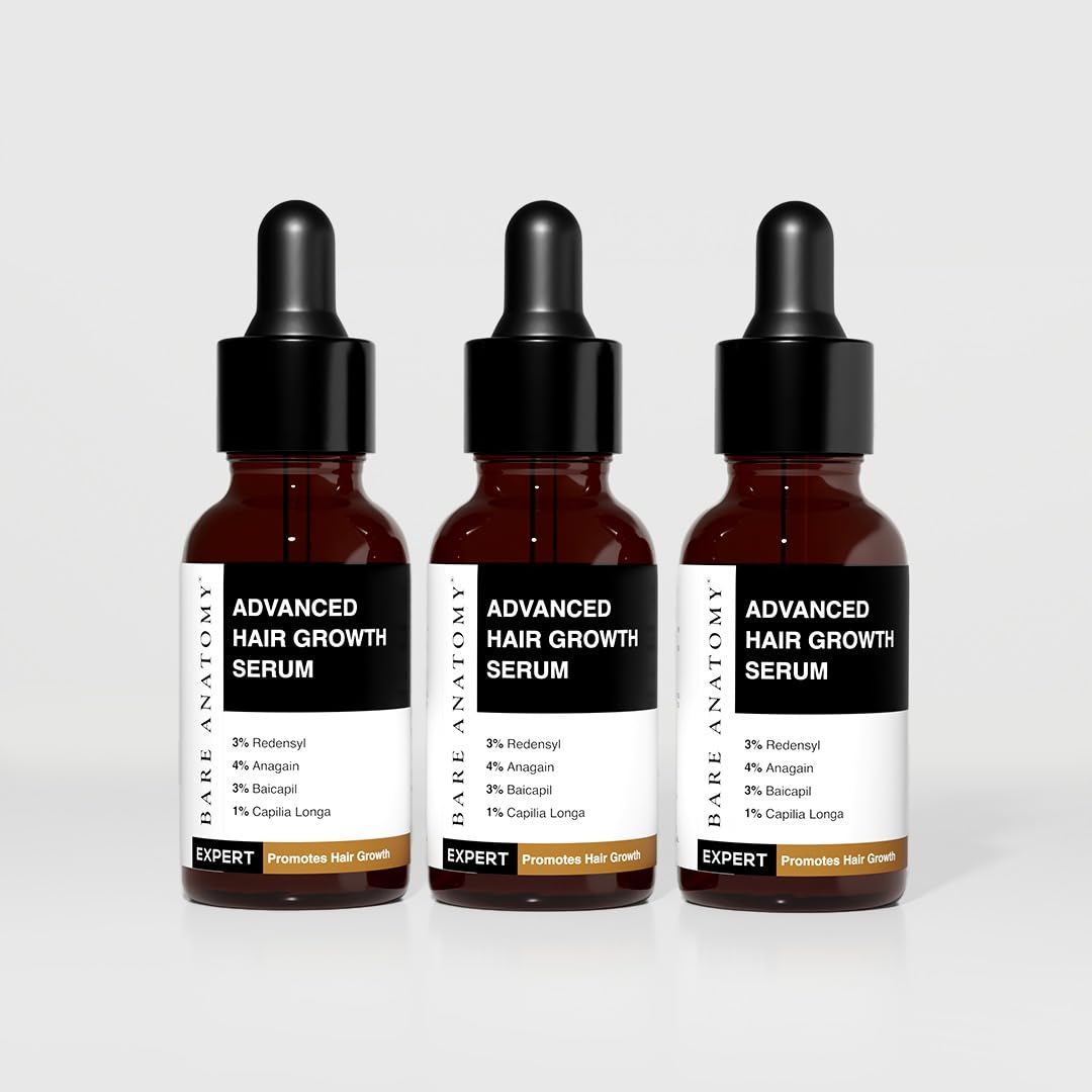 Bare Anatomy Advanced Hair Growth Serum | 3% Redensyl + 4% Anagain + 3% Baicapil + 1% Capilia Longa, Rosemary, Biotin & Rice Extract | Hair growth & Hair fall control serum for Women & Men | Pack of 3