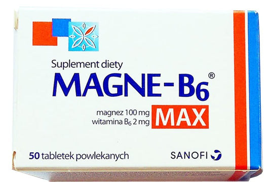MAGNE B6 MAX - 50 Capsules - is a Dietary Supplement containing in its Composition Magnesium and Vitamin B6, for People Suffering Weakness, Fatigue, Twitching eyelids and Muscle spasms