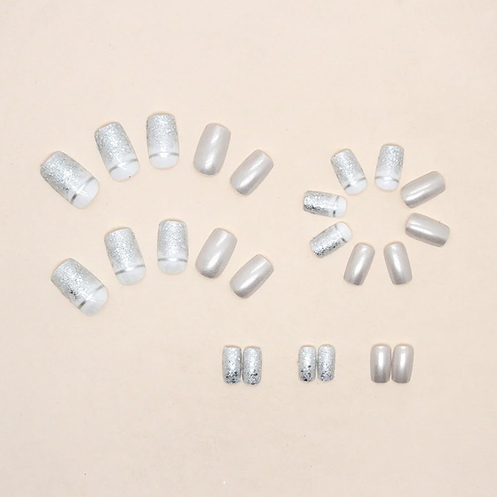 Clataly 24 Pcs Square Nail Silver Glitter Powder Fake Nails Press on False Nails Daily Wear Artificial Nails for Women and Girls