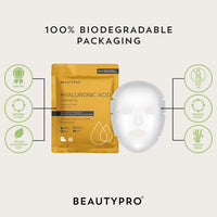 BEAUTYPRO HYALURONIC ACID Hydrating Facial Sheet Mask - 100% Biodegradable | Hydrating Beauty Face Mask | Infused with Hyaluronic Acid | Korean Skin Care | Multi-Award Winnin