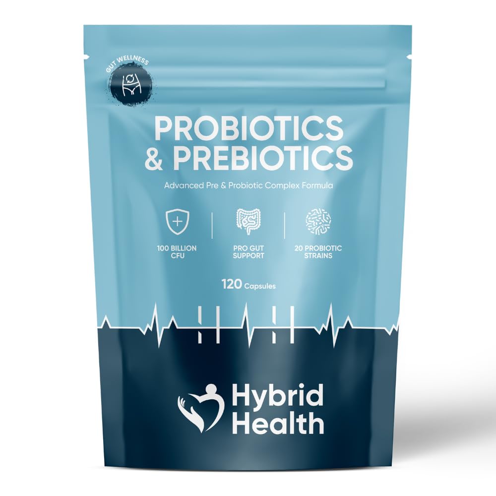 Hybrid Health Probiotics & Prebiotics Complex | 120 Vegan Capsules | 100 Billion CFU | Advanced Strength Probiotics with 20 Diverse Strains | Pre & Probiotics for Women and Men