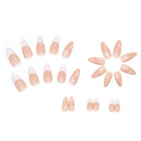JUSTOTRY 24 Pcs Stiletto Almond False Nails Short, White French Press on Nails with Flower Pattern, Nude Fake Nail Short, Oval Stick on Nail for Women, Nails Fake Nail for Nail Art