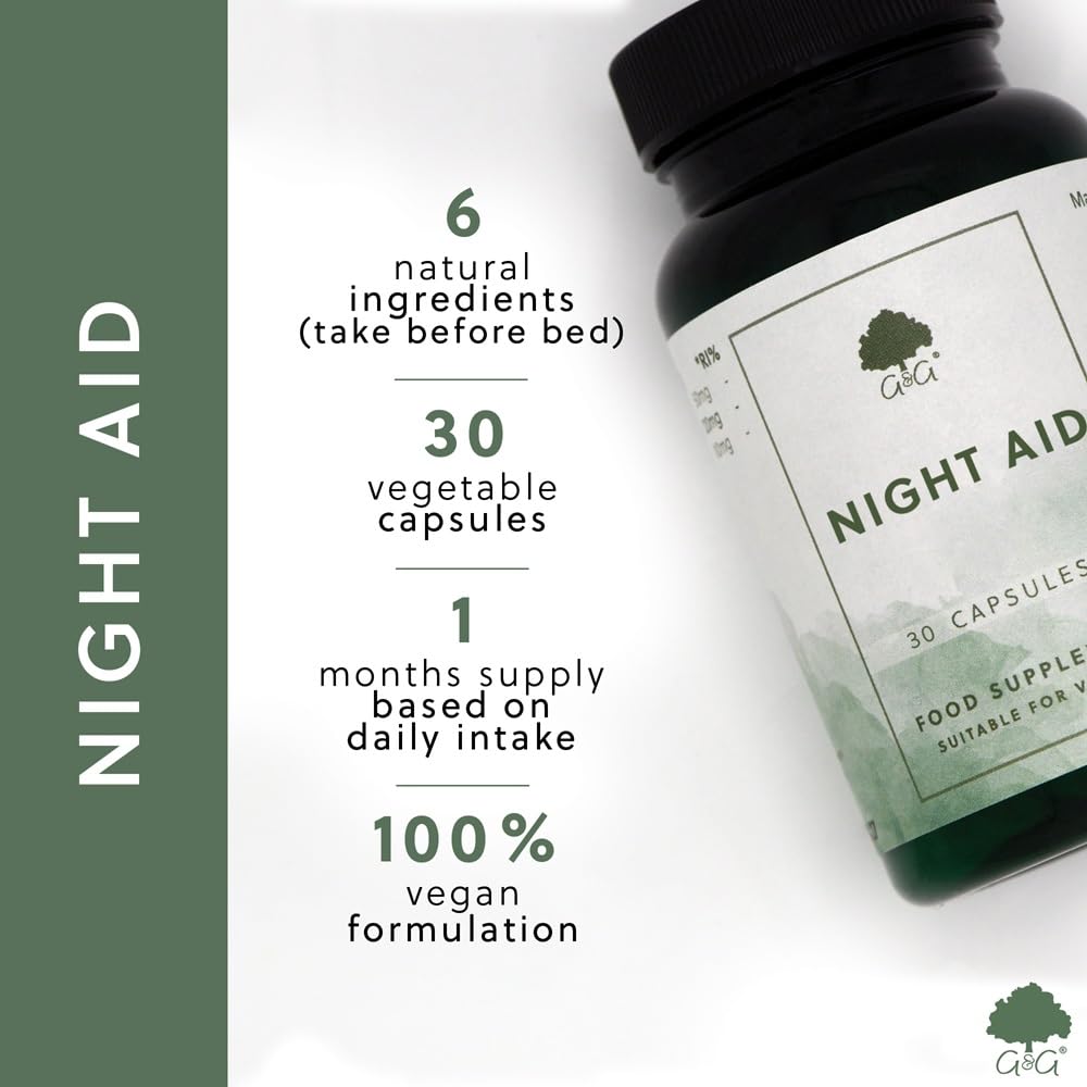 Night Aid - Plant Based Botanical Supplement - Includes L-Tryptophan, Magnesium & Vitamin B6-30 Vegan Capsules - Non-GMO, Made in the UK - G&G Vitamins
