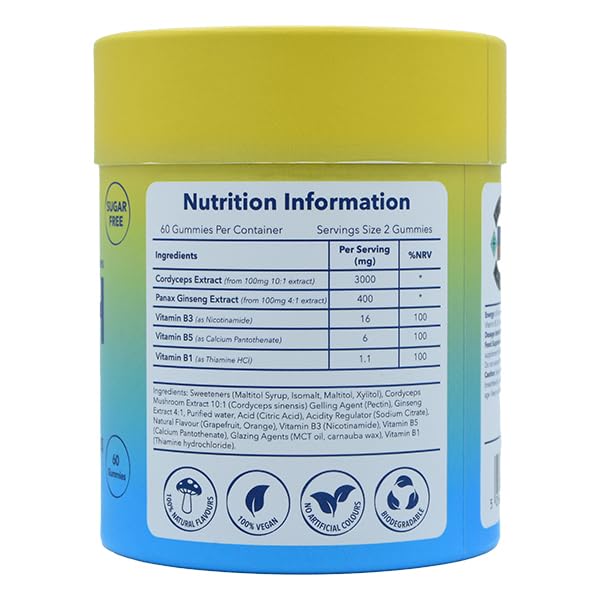 Moosh Mushroom Gummies 3000mg - 60 Gummies (Reishi, Lions Mane, Chaga, Coryceps) Sugar Free, 100% Vegan (Energy (Cordyceps))