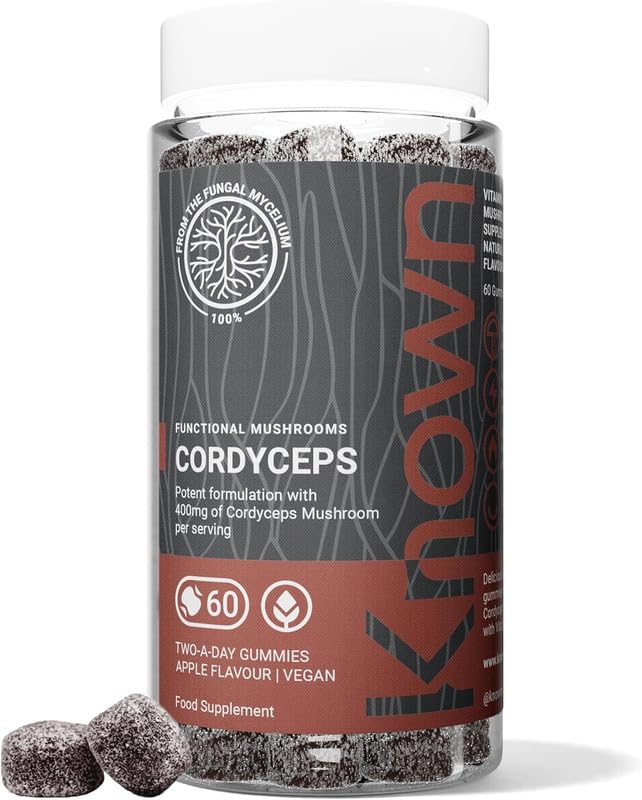 Known Tasty Cordyceps Gummies - 400mg Cordyceps Mushroom - Vitamin B12, C - Energy Support - Natural Apple Flavour - 60 Vegan Gummies, 1 Month Supply
