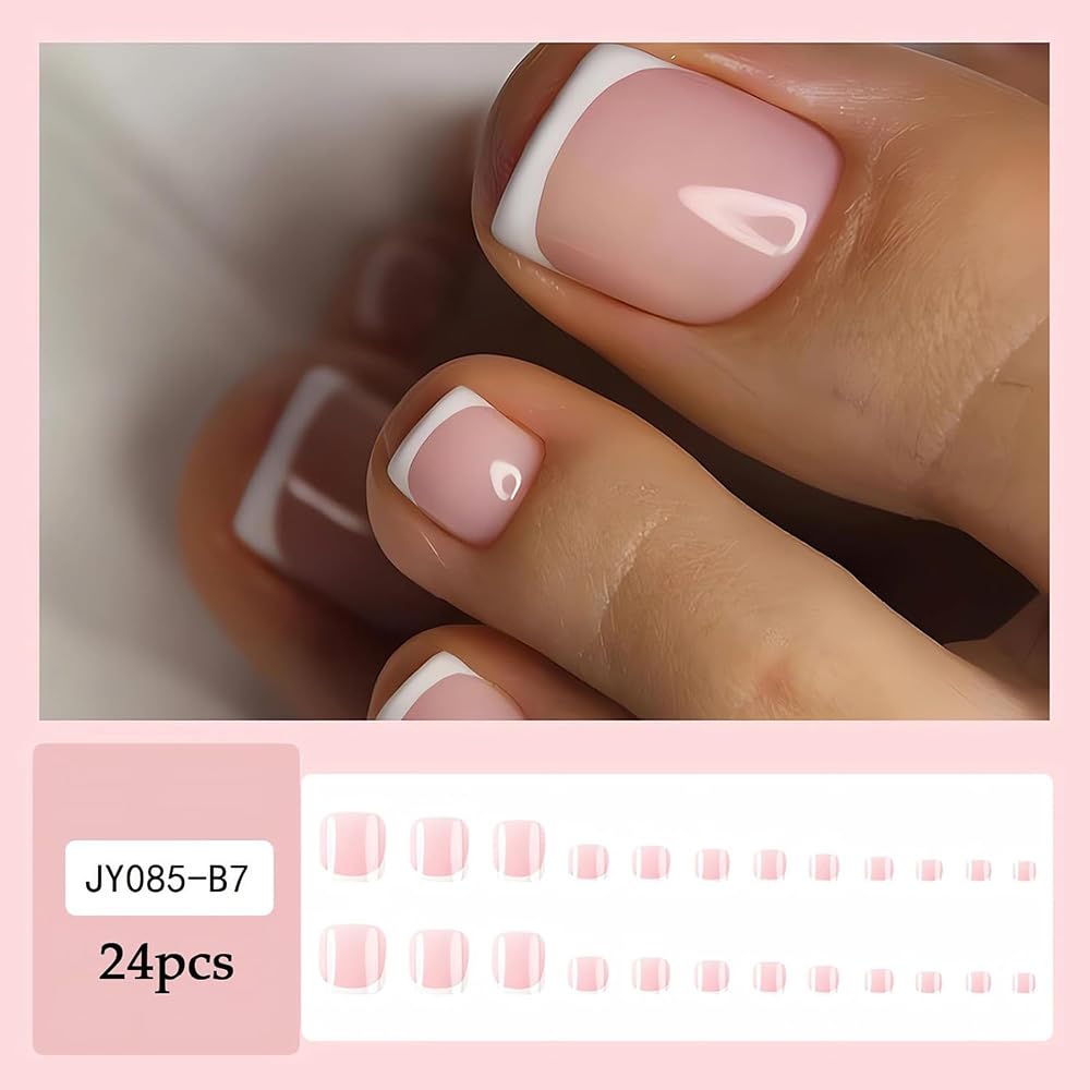 Mornery 24Pcs French Tip False Toenails - Short Square Nude Pink Fake Toe Nail/White French Tip Press on Toenails - Acrylic Full Cover Fake Toenails Nail Art Set for Women Girls (Pink & White Toenails)