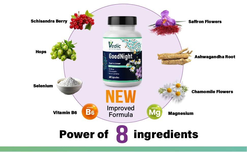 Saffron + Chamomile + Ashwagandha + Melatonin alternative Natural Sleep Aid | Quick and Good night sleep | Vegan, Halal, Gluten-free | 60 nights | Vedic Essentials