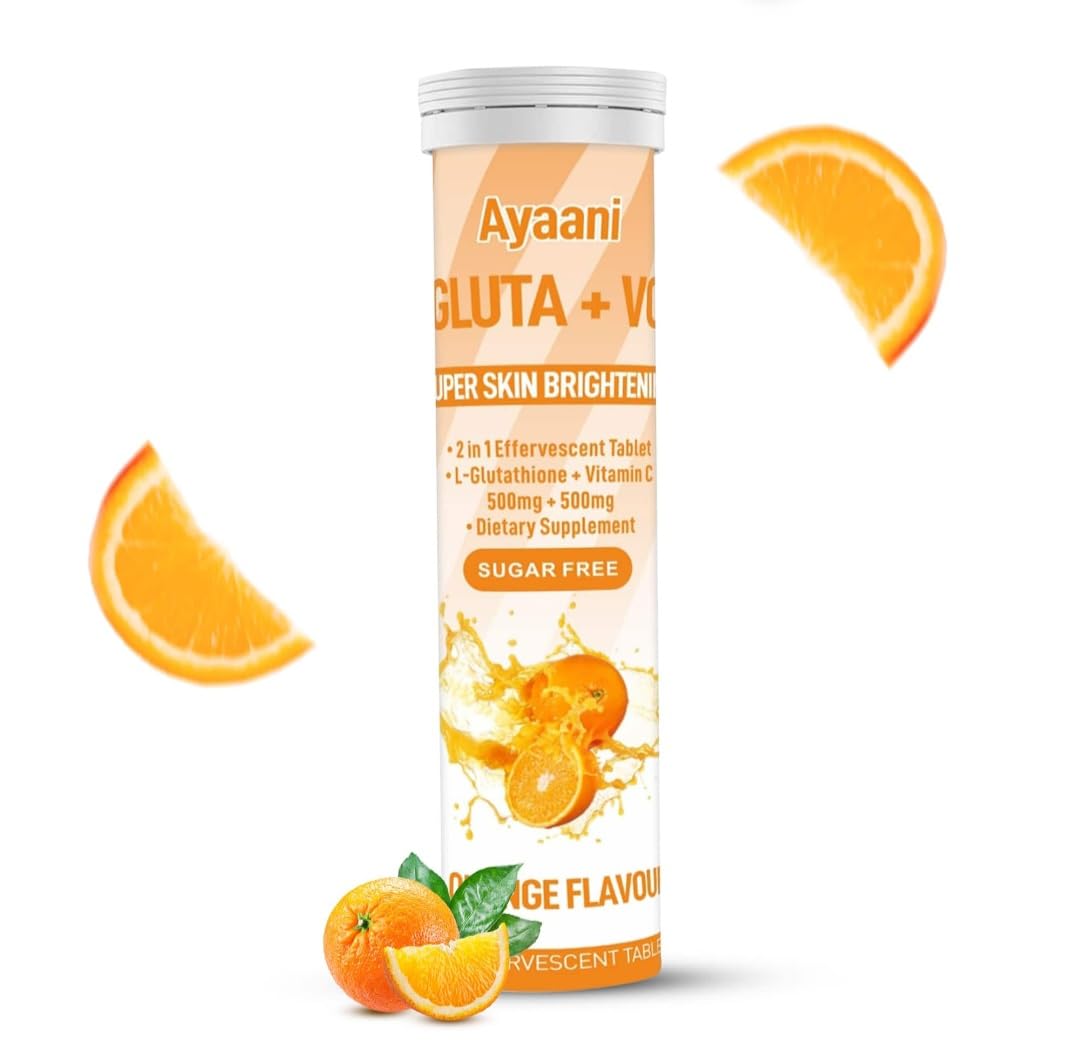 Premium Glutathione 500mg & Vitamin C 500mg Effervescent Tablets - Orange Flavour, Skin Brightening & Antioxidant Supplement, Vegan, Non-GMO - 20 Tablets by Ayaani