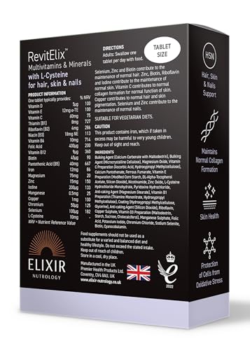 ELIXIR NUTROLOGY RevitElix™ 30 Tablets – Multivitamin for Hair, Skin & Nails with Biotin, Vitamin C, Vitamin E, Zinc & More, Vegetarian Friendly. Made in The UK
