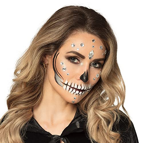 Boland 10239350 45096 Diamond Skull Set (3 pens, 1 Cream Make-up White, 1 Glitter Gel and 25 Gemstones), Multicoloured, Standard Size